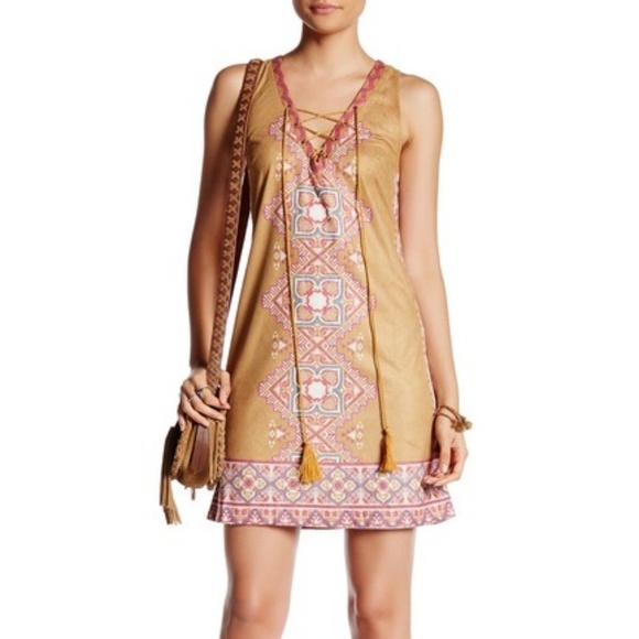 Flying Tomato Lace Up Piece Print Faux Suede Dress Boho - Picture 1 of 5